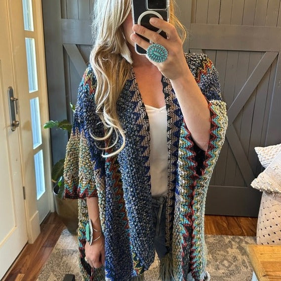 Bohemian Loom Cardigan Sweater in Blue