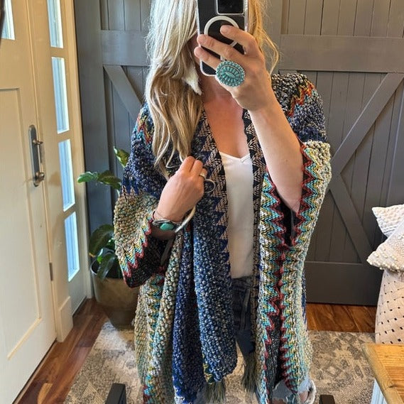 Bohemian Loom Cardigan Sweater in Blue