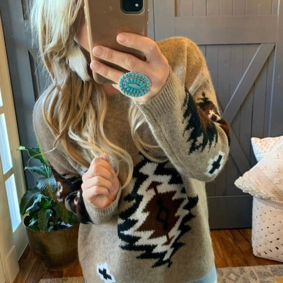 Forks Aztec Printed Pullover Crew Neck Sweater - Lavender Tribe