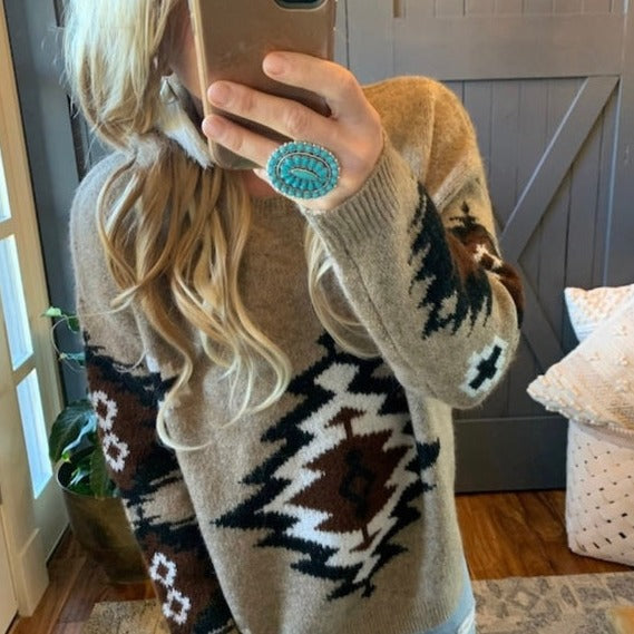 Forks Aztec Printed Pullover Crew Neck Sweater - Lavender Tribe
