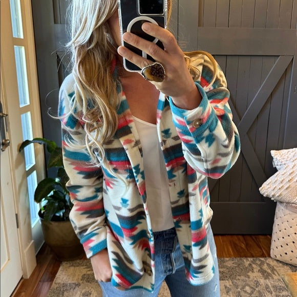 Birch Aztec Shacket Button Front Shirt Jacket Flannel Fleece Coat