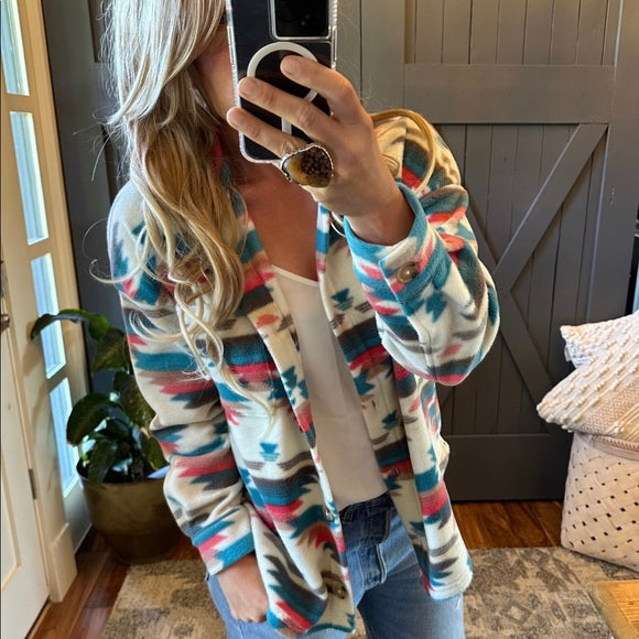 Birch Aztec Shacket Button Front Shirt Jacket Flannel Fleece Coat