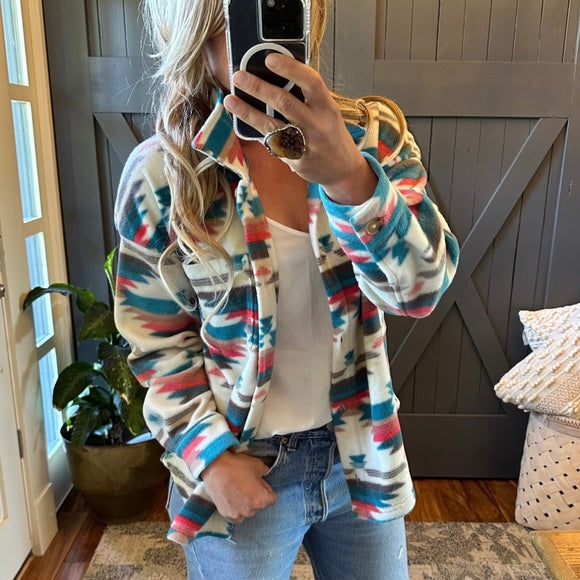 Birch Aztec Shacket Button Front Shirt Jacket Flannel Fleece Coat