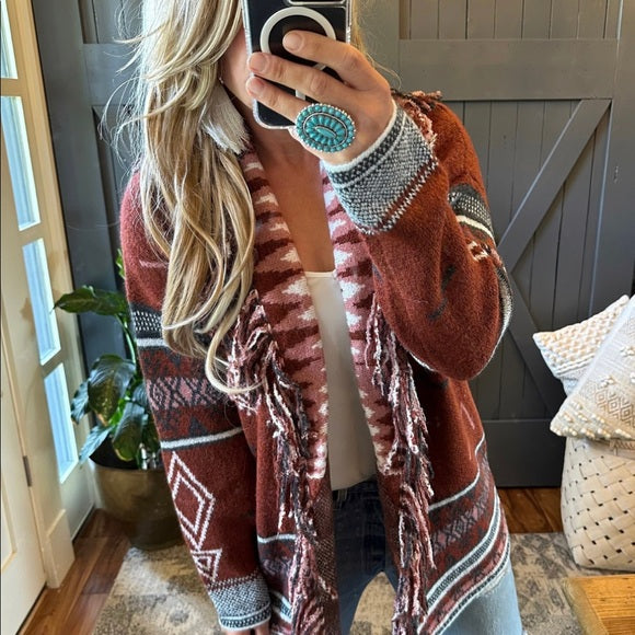 Lynden Aztec Western Print Fringed Red Cardigan Sweater