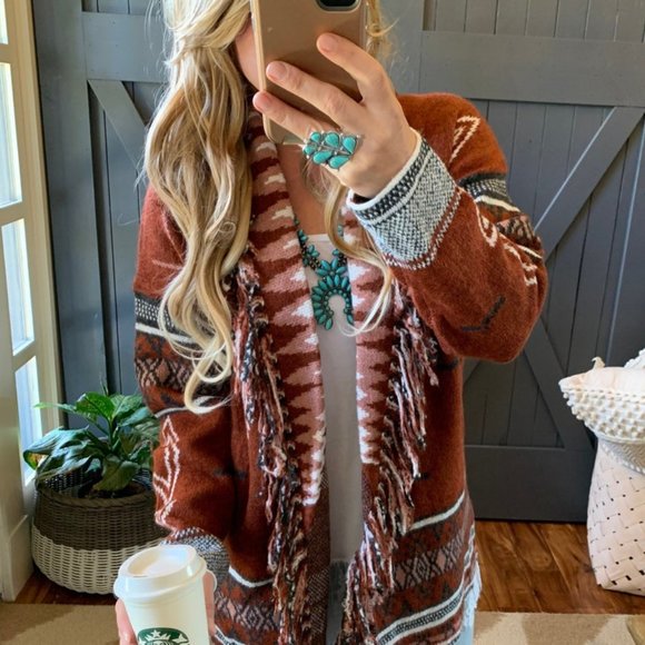 Lynden Aztec Western Print Fringed Red Cardigan Sweater