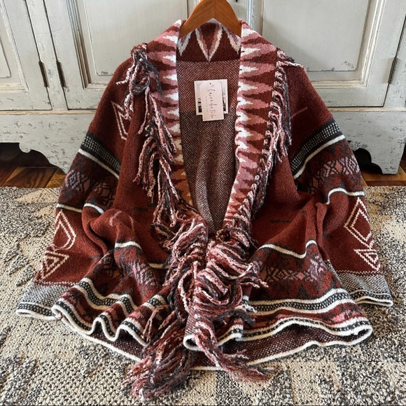 Lynden Aztec Western Print Fringed Red Cardigan Sweater