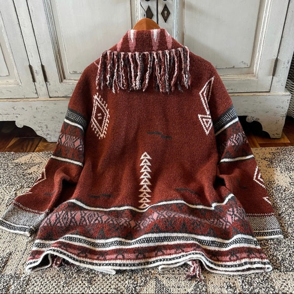 Lynden Aztec Western Print Fringed Red Cardigan Sweater