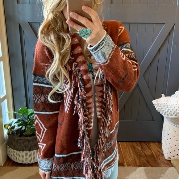 Lynden Aztec Western Print Fringed Red Cardigan Sweater