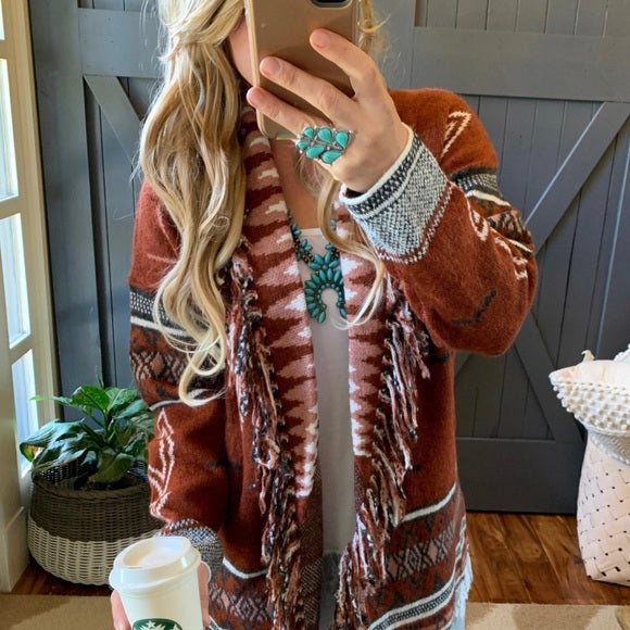 Lynden Aztec Western Print Fringed Red Cardigan Sweater
