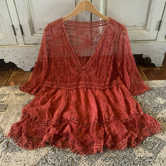 Hailey Red Crochet Lace Blouse Bohemian Blouse - Lavender Tribe