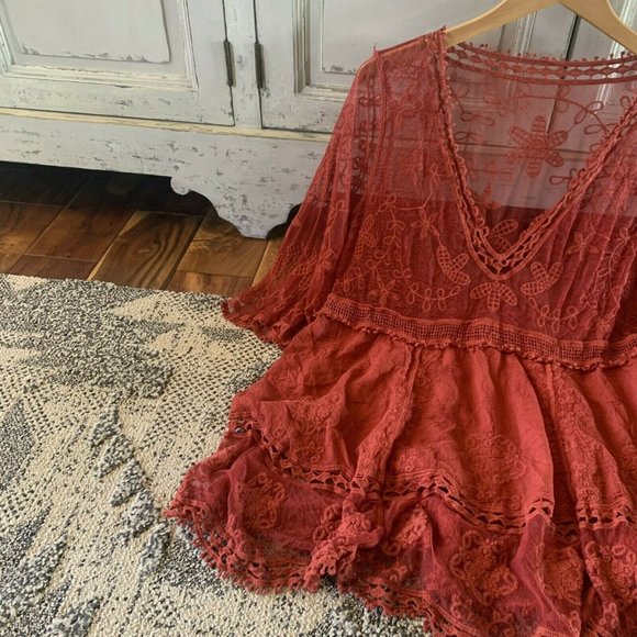 Hailey Red Crochet Lace Blouse Bohemian Blouse - Lavender Tribe