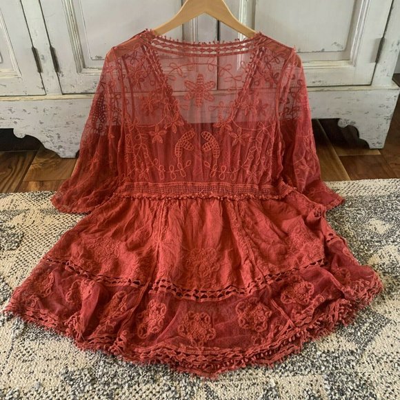 Hailey Red Crochet Lace Blouse Bohemian Blouse - Lavender Tribe