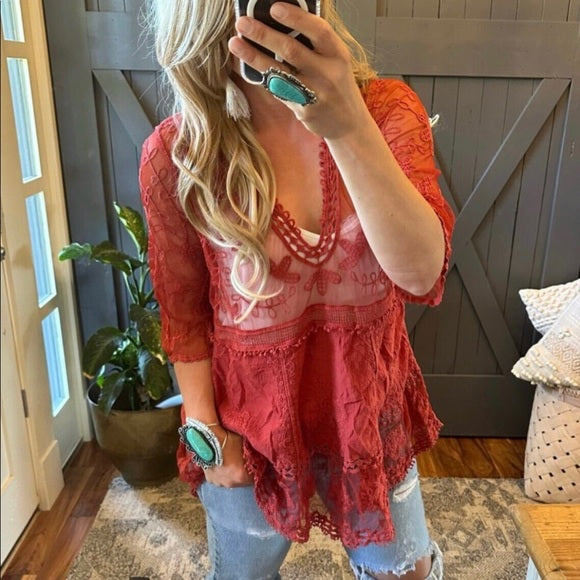 Hailey Red Crochet Lace Blouse Bohemian Blouse - Lavender Tribe
