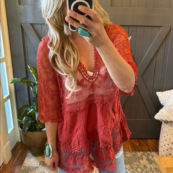 Hailey Red Crochet Lace Blouse Bohemian Blouse - Lavender Tribe