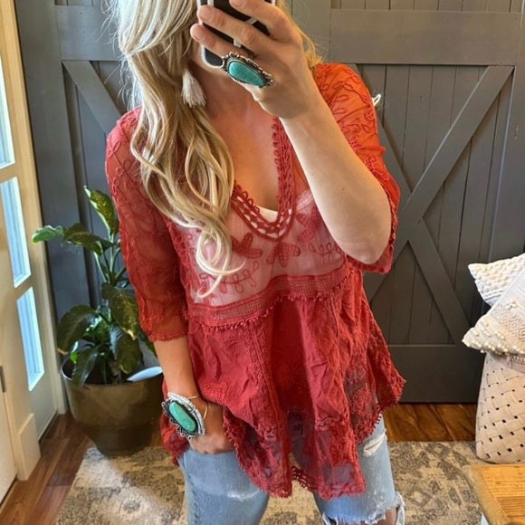 Hailey Red Crochet Lace Blouse Bohemian Blouse - Lavender Tribe