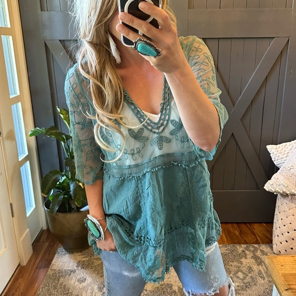 Hailey Teal Crochet Lace Blouse Bohemian Blouse