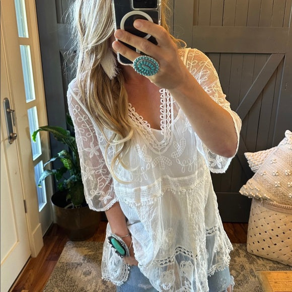 Hailey White Crochet Lace Blouse Bohemian Blouse - Lavender Tribe