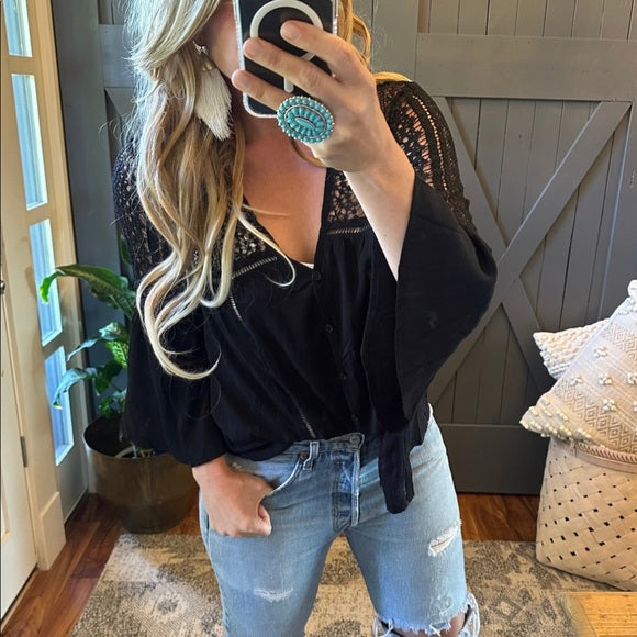 Thorp Black Lace Button Front Crochet Western Blouse