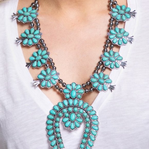 Squash Blossom Large Turquoise Stone Silver Western Necklace