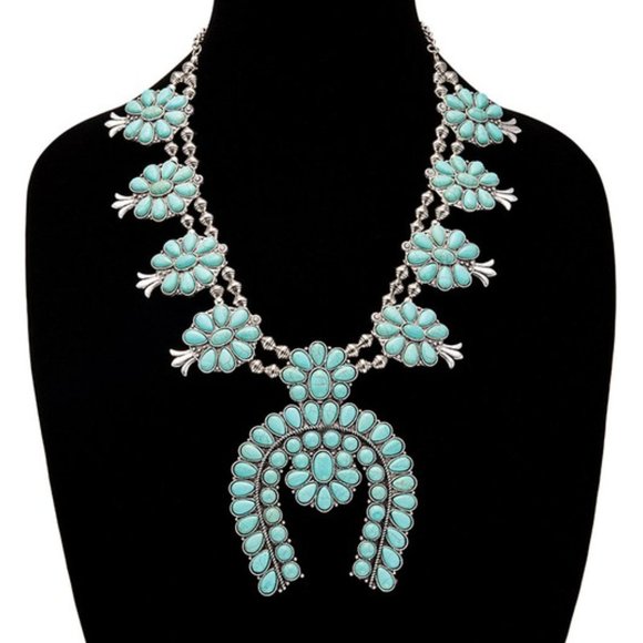 Squash Blossom Large Turquoise Stone Silver Western Necklace