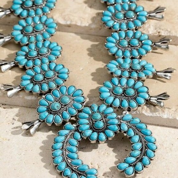 Squash Blossom Turquoise Stone Silver Western Necklace