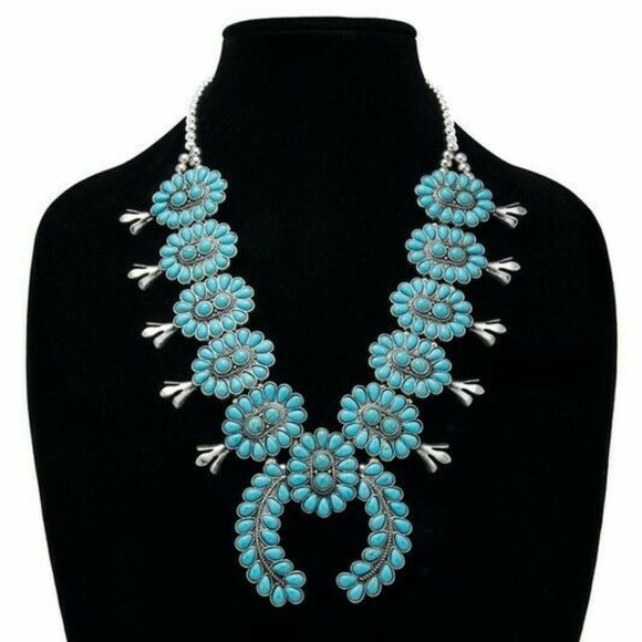 Squash Blossom Turquoise Stone Silver Western Necklace