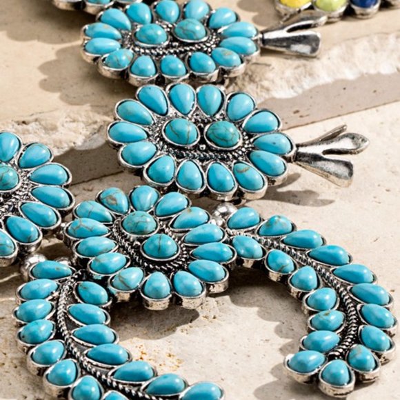 Squash Blossom Turquoise Stone Silver Western Necklace