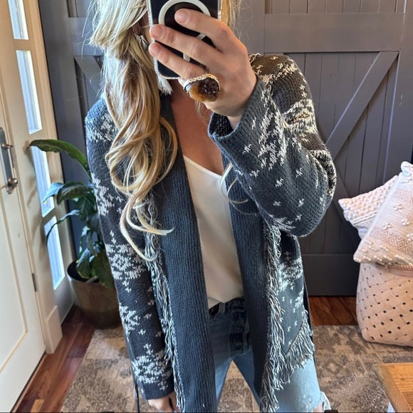 Park City Fringe Long Grey Belted Cardigan Sweater
