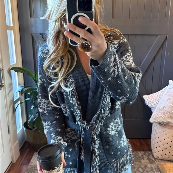 Park City Fringe Long Grey Belted Cardigan Sweater