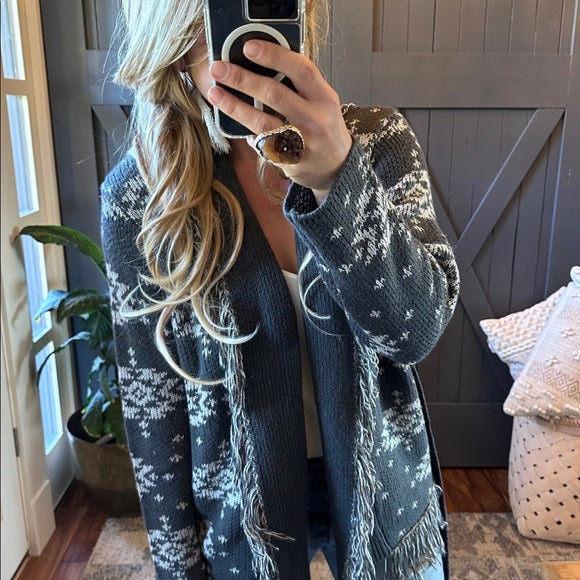 Park City Fringe Long Grey Belted Cardigan Sweater