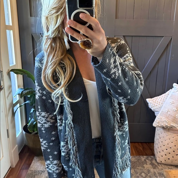 Park City Fringe Long Grey Belted Cardigan Sweater