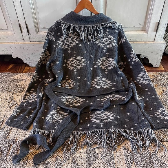 Park City Fringe Long Grey Belted Cardigan Sweater