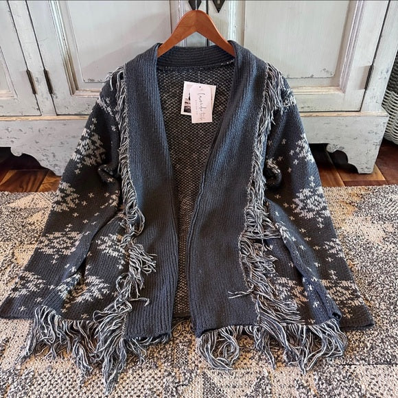 Park City Fringe Long Grey Belted Cardigan Sweater