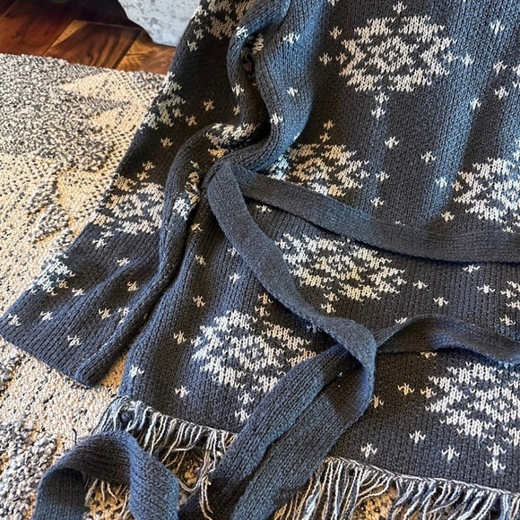 Park City Fringe Long Grey Belted Cardigan Sweater