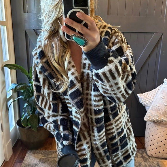 Feather Lodge Plaid Hooded Cardigan Sweater Coat