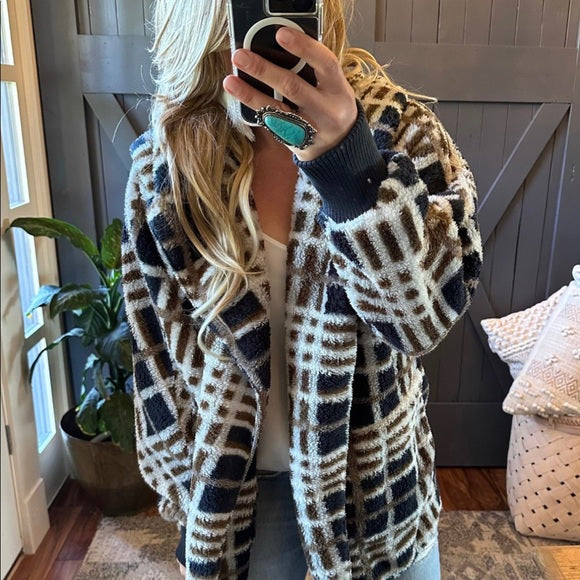 Feather Lodge Plaid Hooded Cardigan Sweater Coat