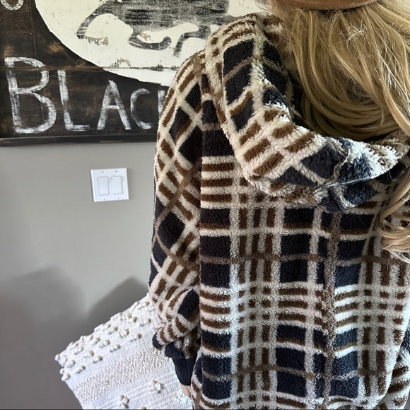 Feather Lodge Plaid Hooded Cardigan Sweater Coat