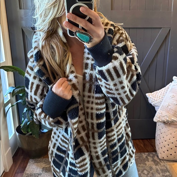 Feather Lodge Plaid Hooded Cardigan Sweater Coat