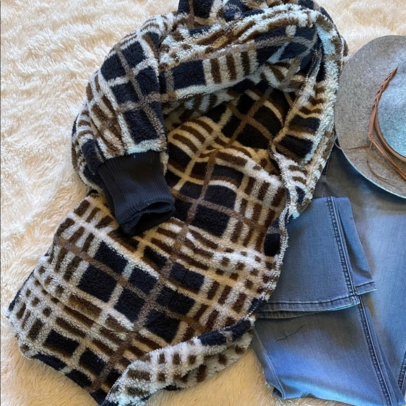 Feather Lodge Plaid Hooded Cardigan Sweater Coat