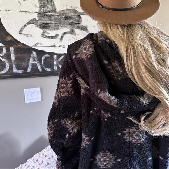 Feather Lodge Black Hooded Cardigan Sweater Coat