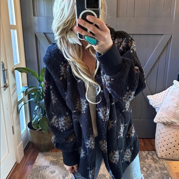 Feather Lodge Black Hooded Cardigan Sweater Coat