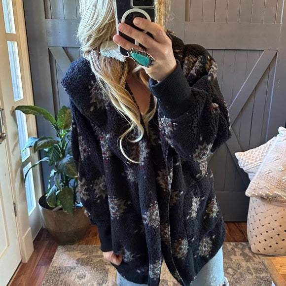 Feather Lodge Black Hooded Cardigan Sweater Coat