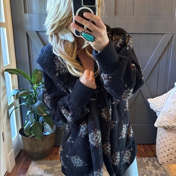 Feather Lodge Black Hooded Cardigan Sweater Coat