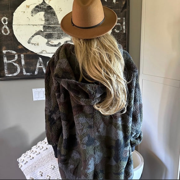 Feather Lodge Camo Hooded Cardigan Sweater Coat