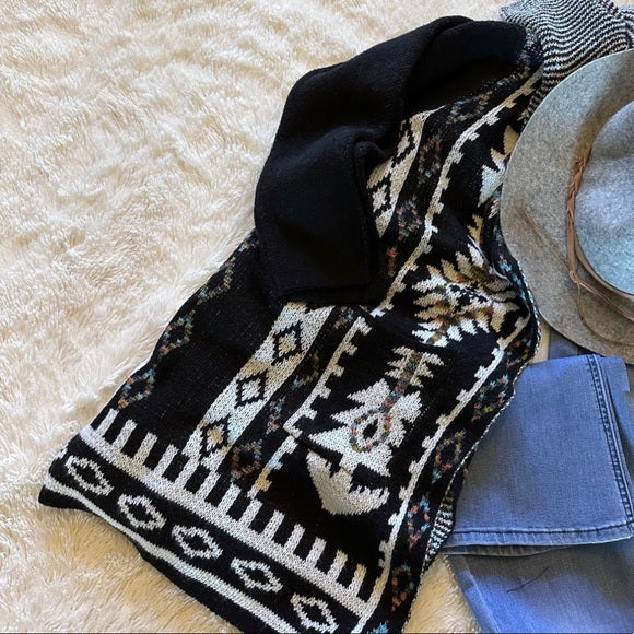 Big Sky Tribal Print Long Black Hooded Cardigan Sweater