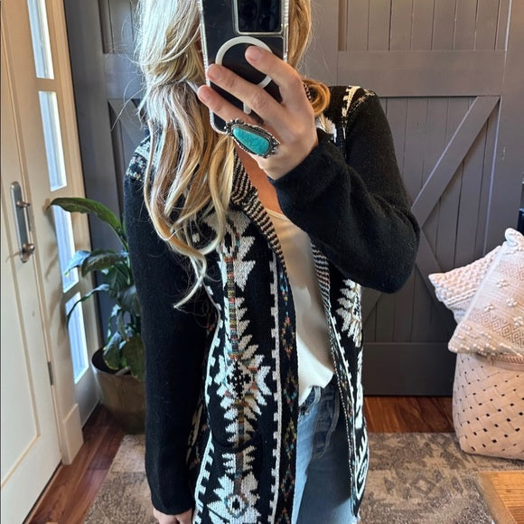 Big Sky Tribal Print Long Black Hooded Cardigan Sweater