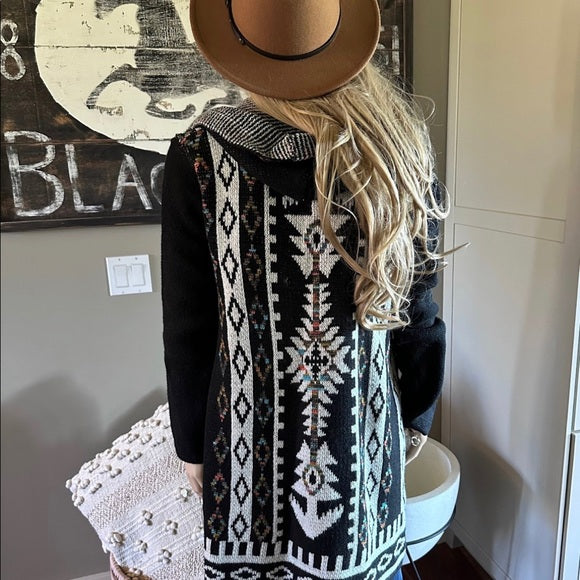 Big Sky Tribal Print Long Black Hooded Cardigan Sweater