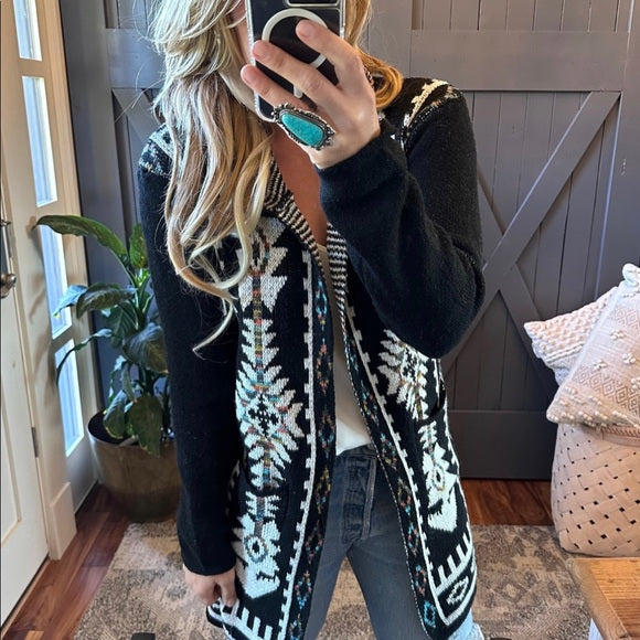 Big Sky Tribal Print Long Black Hooded Cardigan Sweater