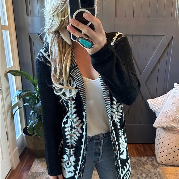 Big Sky Tribal Print Long Black Hooded Cardigan Sweater