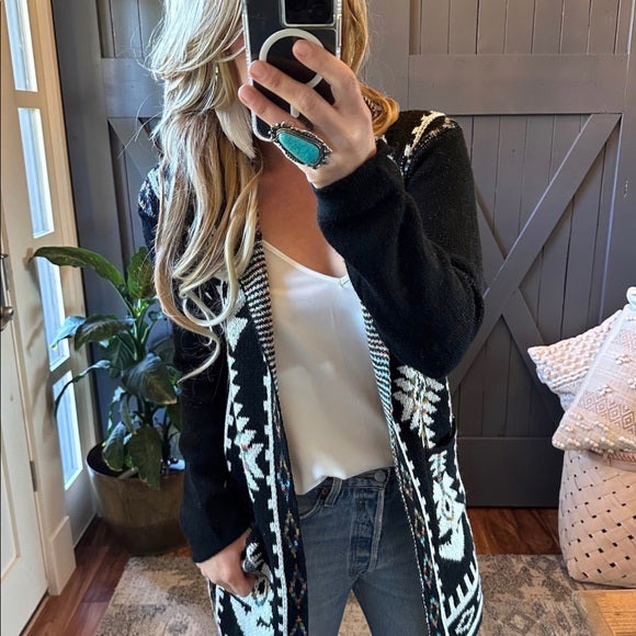 Big Sky Tribal Print Long Black Hooded Cardigan Sweater